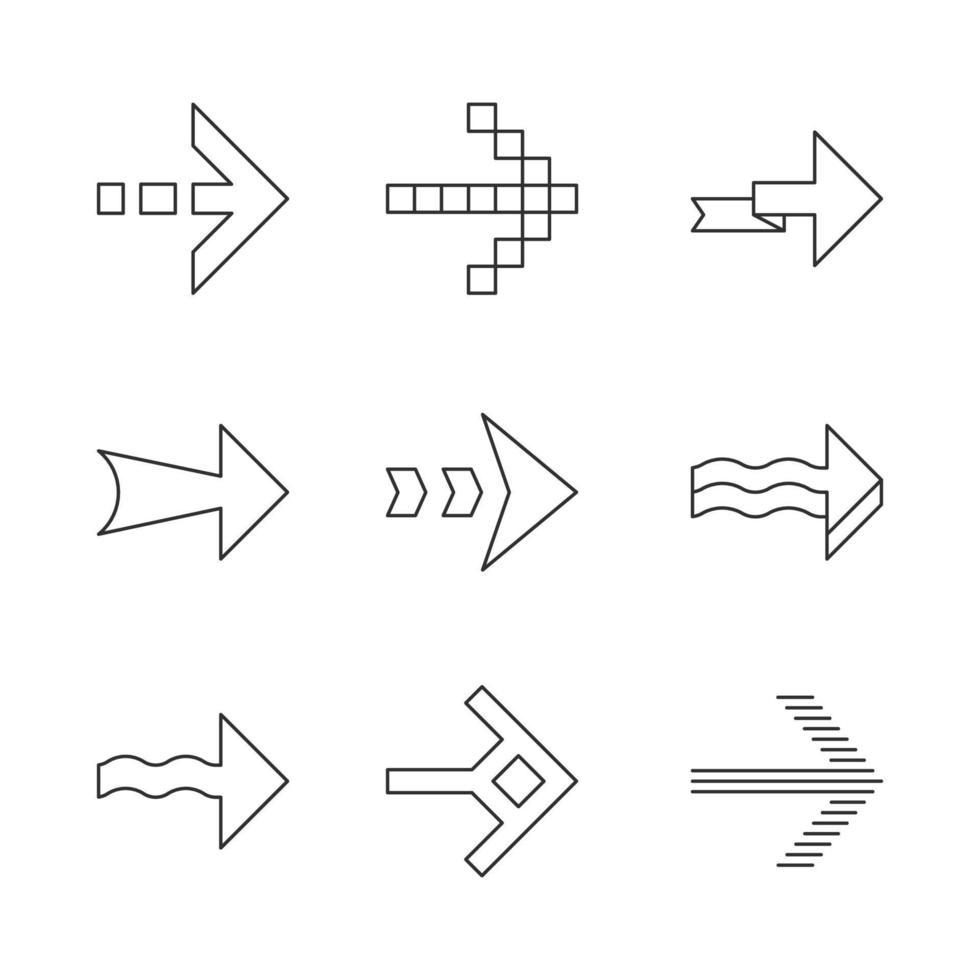 pijlen lineaire pictogrammen instellen. golvend, pixel, vouwen, gestreept, gestippelde volgende pijlen. indicatie teken. pijlpunten die naar rechts wijzen. dunne lijn contour symbolen. geïsoleerde vectoroverzichtsillustraties. bewerkbare streek vector