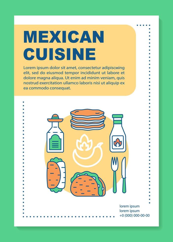 mexicaanse keuken brochure sjabloon lay-out. Mexicaanse kantine. flyer, boekje, folder printontwerp met lineaire illustraties. vectorpaginalay-outs voor tijdschriften, jaarverslagen, reclameposters vector