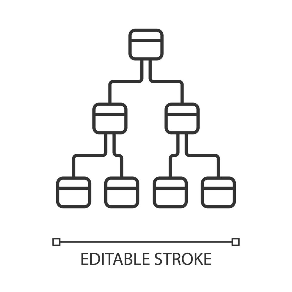 boom diagram lineaire pictogram. hiërarchisch systeem. knooppunt link diagram. boomstructuur. volgorde en onderwerping. dunne lijn illustratie. contour symbool. vector geïsoleerde overzichtstekening. bewerkbare streek