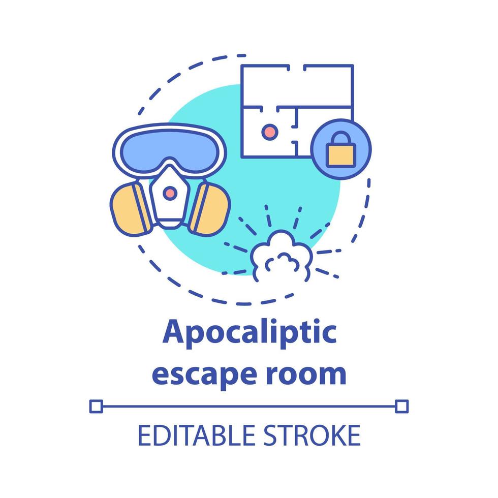 apocalyptische escape room concept icoon. ramp thema zoektocht idee dunne lijn illustratie. kernoorlog strategiespel. post-apocalyptische overleving. vector geïsoleerde overzichtstekening. bewerkbare streek