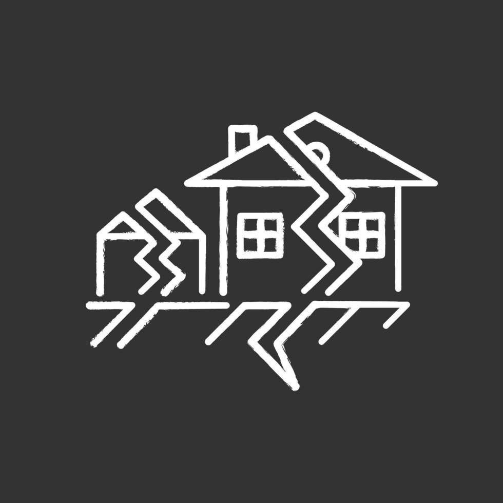 aardbeving krijt pictogram. seismische activiteit. temblor gebouwen vernietiging. gebarsten grond, huizen. verplaatsing van het aardoppervlak in nederzetting. natuurramp. geïsoleerde vector schoolbordillustratie