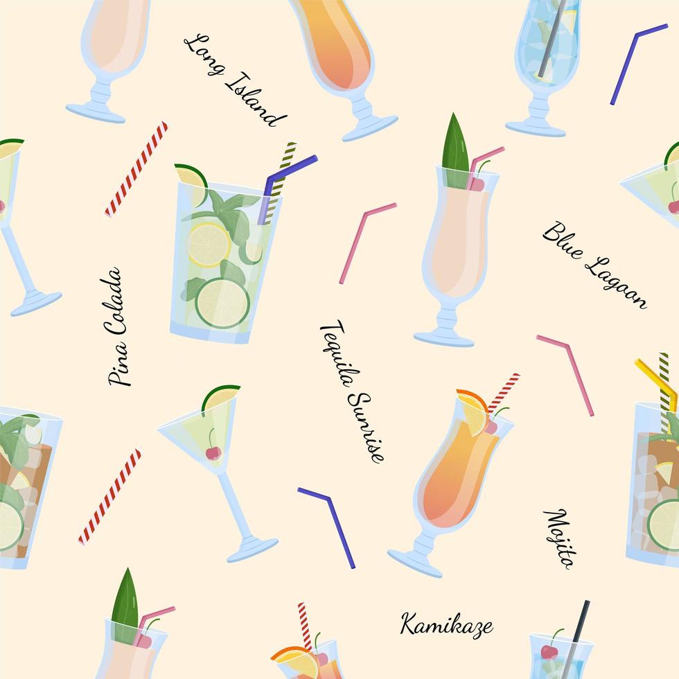 alcoholische dranken en cocktails naadloos patroon. mojito, pina colada vector