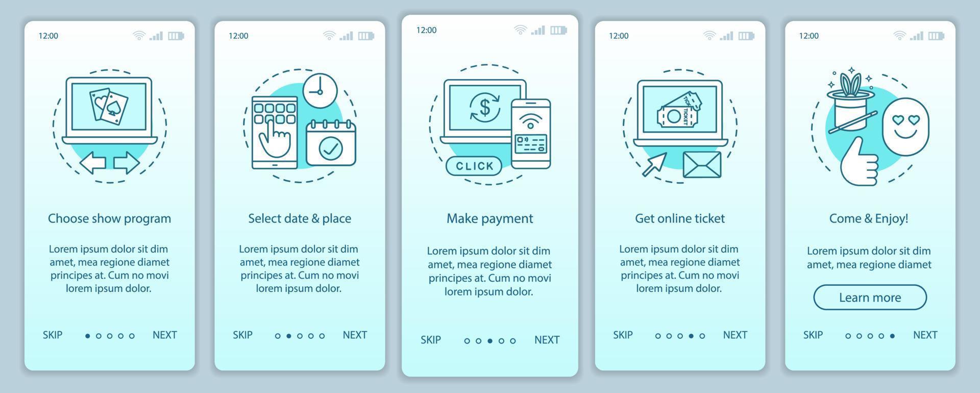 toon onboarding mobiele app pagina scherm vector sjabloon. programma online ticketbetaling. prestatie evenement. walkthrough website stappen met lineaire illustraties. ux, ui, gui smartphone-interfaceconcept