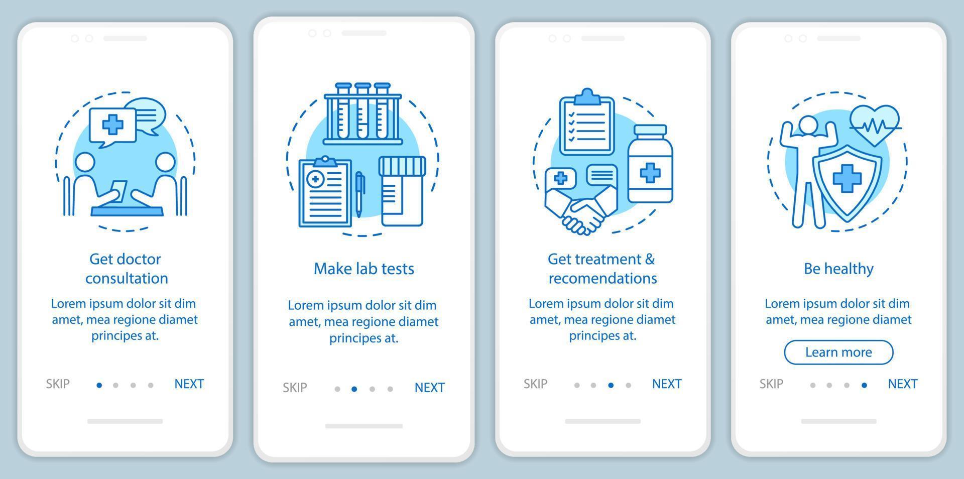 gezondheidsscreening onboarding mobiele app pagina scherm vector sjabloon. dokter consult, behandeling krijgen. walkthrough website stappen met lineaire illustraties. ux, ui, gui smartphone-interfaceconcept