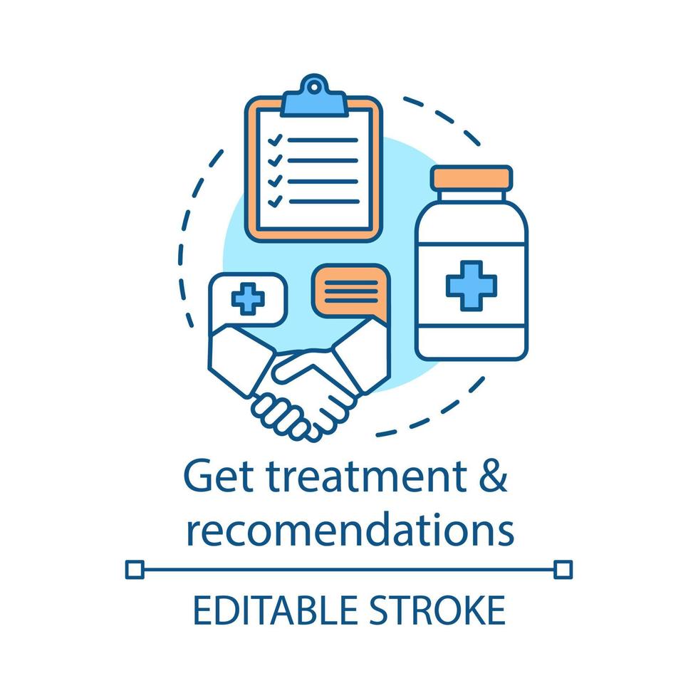 medische behandeling en aanbevelingen concept icoon. receptlijst, medicijnen. medisch rapport idee dunne lijn illustratie. doktersadvies. vector geïsoleerde overzichtstekening. bewerkbare streek