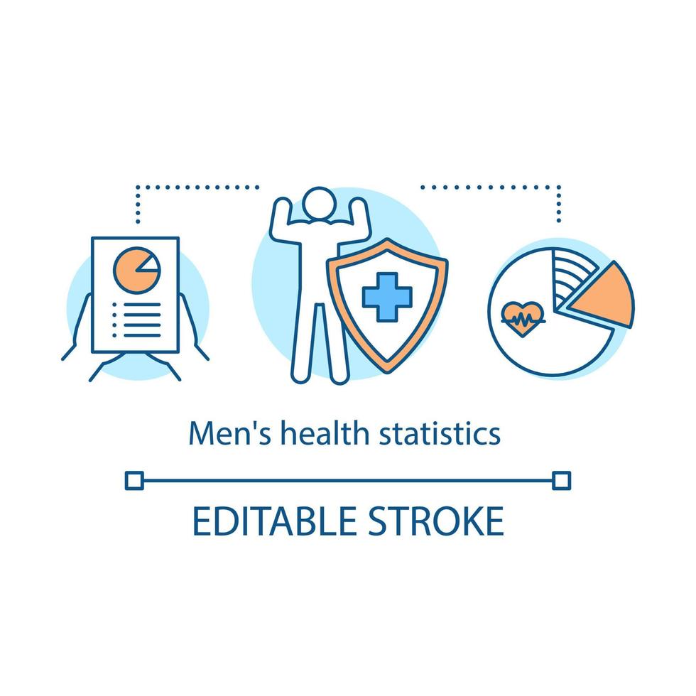 mannen gezondheidsstatistieken concept icoon. mannelijke gezondheid analyse idee dunne lijn illustratie. gezondheidszorg en geneeskunde. vector geïsoleerde overzichtstekening. bewerkbare streek