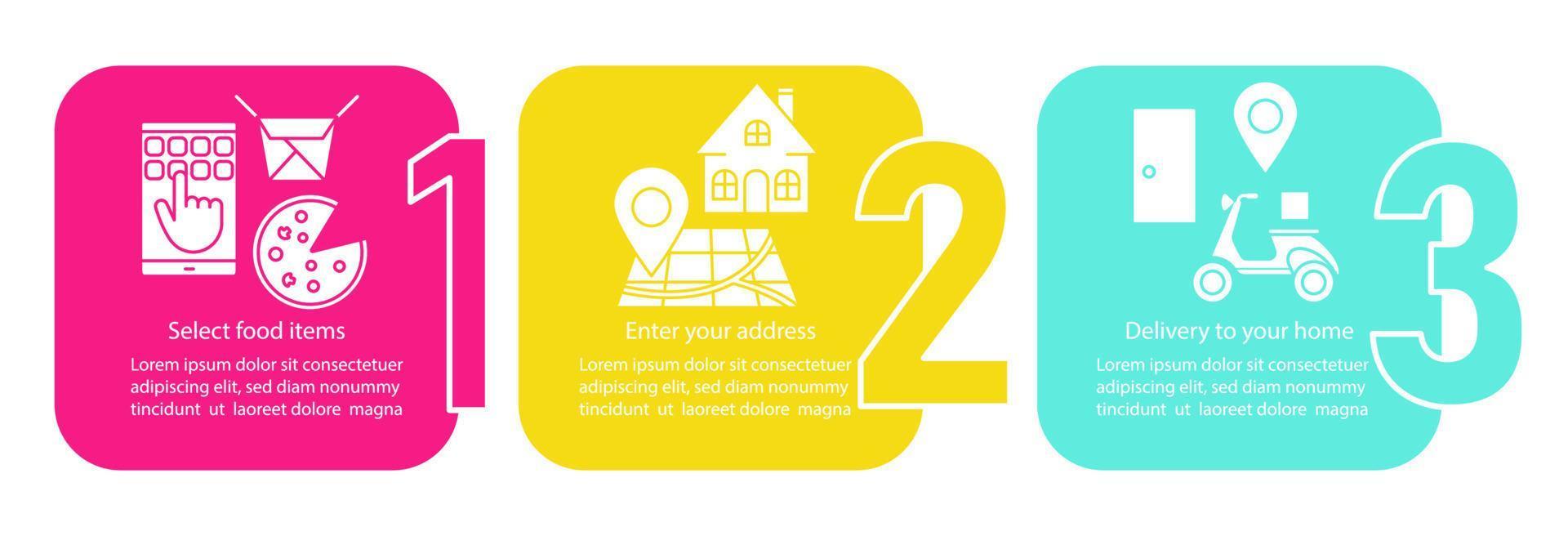 voedsel levering vector infographic sjabloon. online maaltijd bestellen. selecteer items, instelling adres. datavisualisatie met drie stappen en opties. proces tijdlijn grafiek. workflow-indeling met pictogrammen