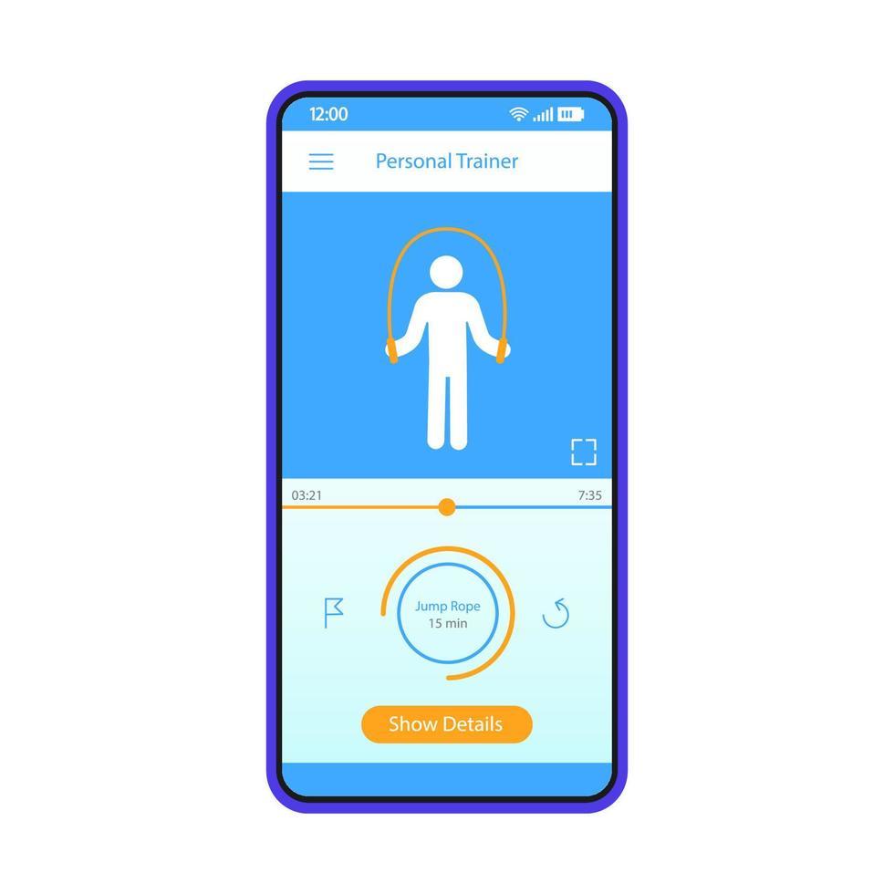 workout app smartphone interface vector sjabloon. sport-tracker. mobiele fitness applicatie pagina zwart ontwerp lay-out. persoonlijke trainer scherm. platte ui. telefoondisplay met springoefening