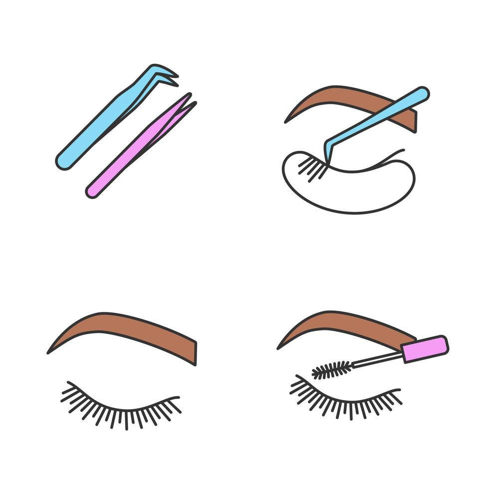 wimper extensie kleur pictogrammen instellen. recht en gebogen puntig pincet, gesloten vrouwenoog, mascara, klassieke individuele wimperverlenging. geïsoleerde vectorillustraties vector