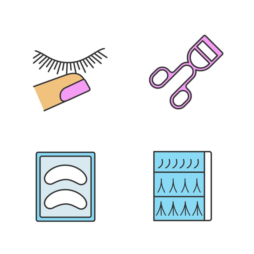 wimper extensie kleur iconen set. stop met het aanraken van wimpers, krultang, wegwerpbare oogschaduwpads, verpakking voor wimperextensions. geïsoleerde vectorillustraties vector