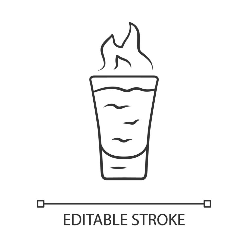 vlammend schot lineair pictogram. glas met drank, brandend vuur. drinken met ontvlambare alcohol met een hoog gehalte. absint. dunne lijn illustratie. contour symbool. vector geïsoleerde overzichtstekening. bewerkbare streek