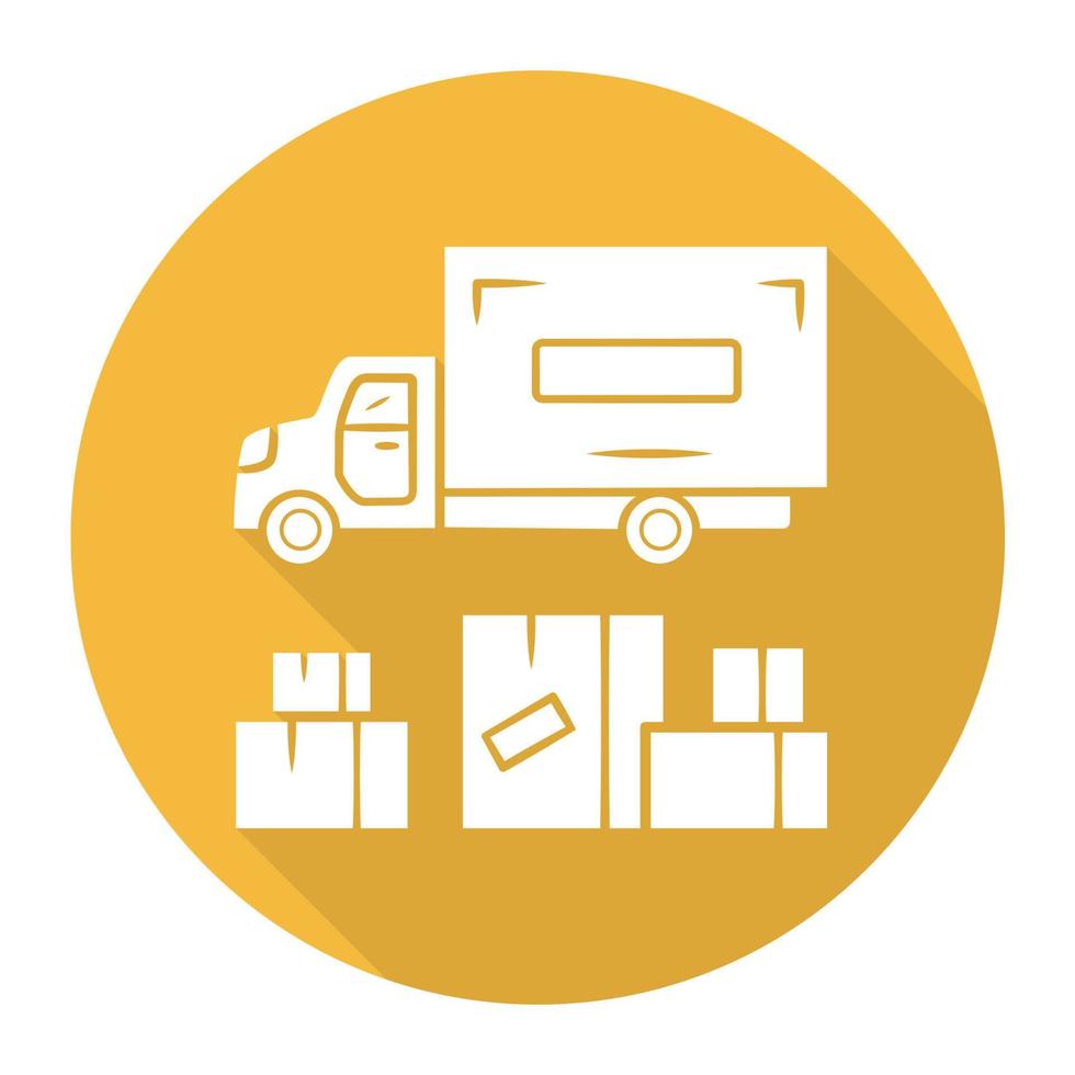 levering van zware goederen gele platte ontwerp lange schaduw glyph pictogram. vrachtvervoer vrachtwagen. vrachtvervoer vrachtwagen. bestelbus. post voertuig. export en import. vector silhouet illustratie