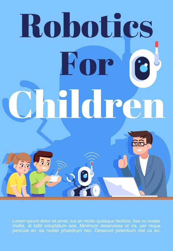 robot voor kinderen brochure sjabloon. flyer, boekje, folderconcept met platte illustraties. vector pagina cartoon lay-out voor tijdschrift. programmeerrobots club reclame-uitnodiging met tekstruimte