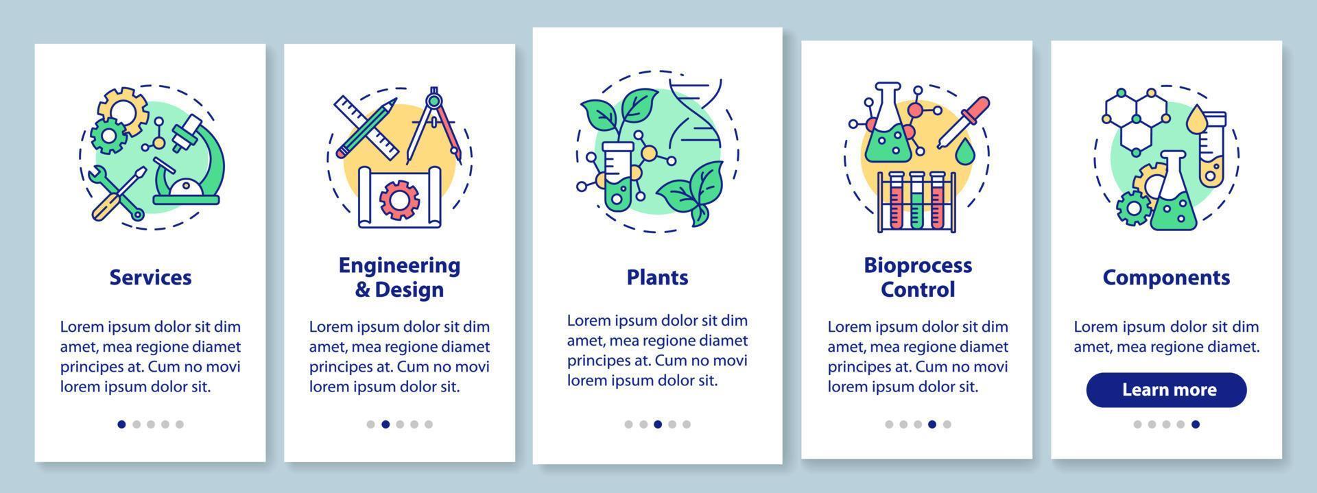 bioengineering onboarding mobiele app paginascherm met lineaire concepten. diensten en fabrieken, componenten. vijf walkthrough stappen grafische instructies. ux, ui, gui vectorsjabloon met illustraties vector