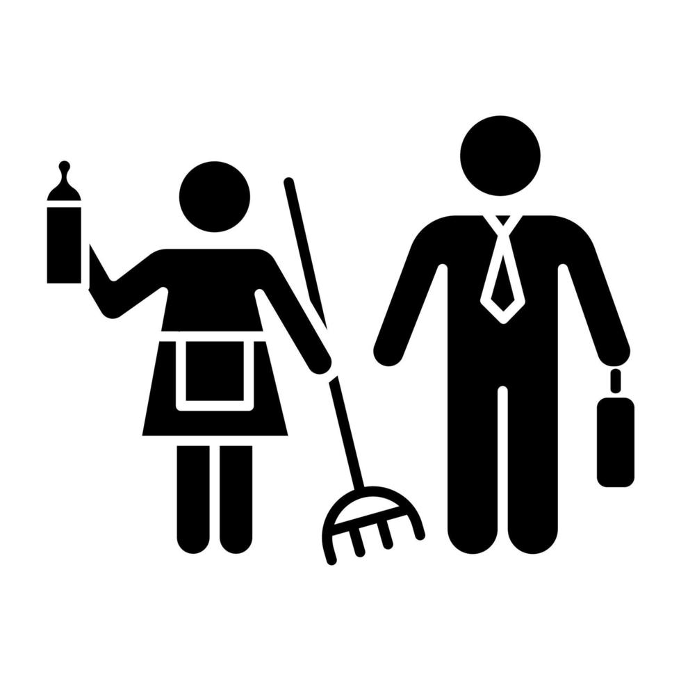 genderstereotypen glyph-pictogram. vrouwelijk en mannelijk huiselijk leven. vrouw, man mensenrechten. gedeelde gezinsverantwoordelijkheden. huisvrouw, arbeider. silhouet symbool. negatieve ruimte. vector geïsoleerde illustratie