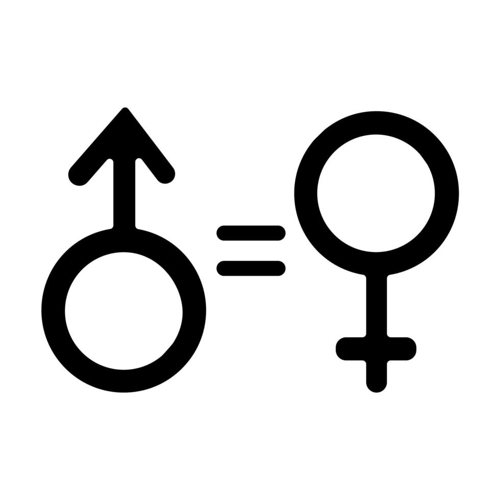 gendergelijkheid glyph-pictogram. vrouwen- en mannenrechten. vrouwelijk, mannelijk teken. feminisme. eerlijke relatie. solidariteit, tolerantie. silhouet symbool. negatieve ruimte. vector geïsoleerde illustratie