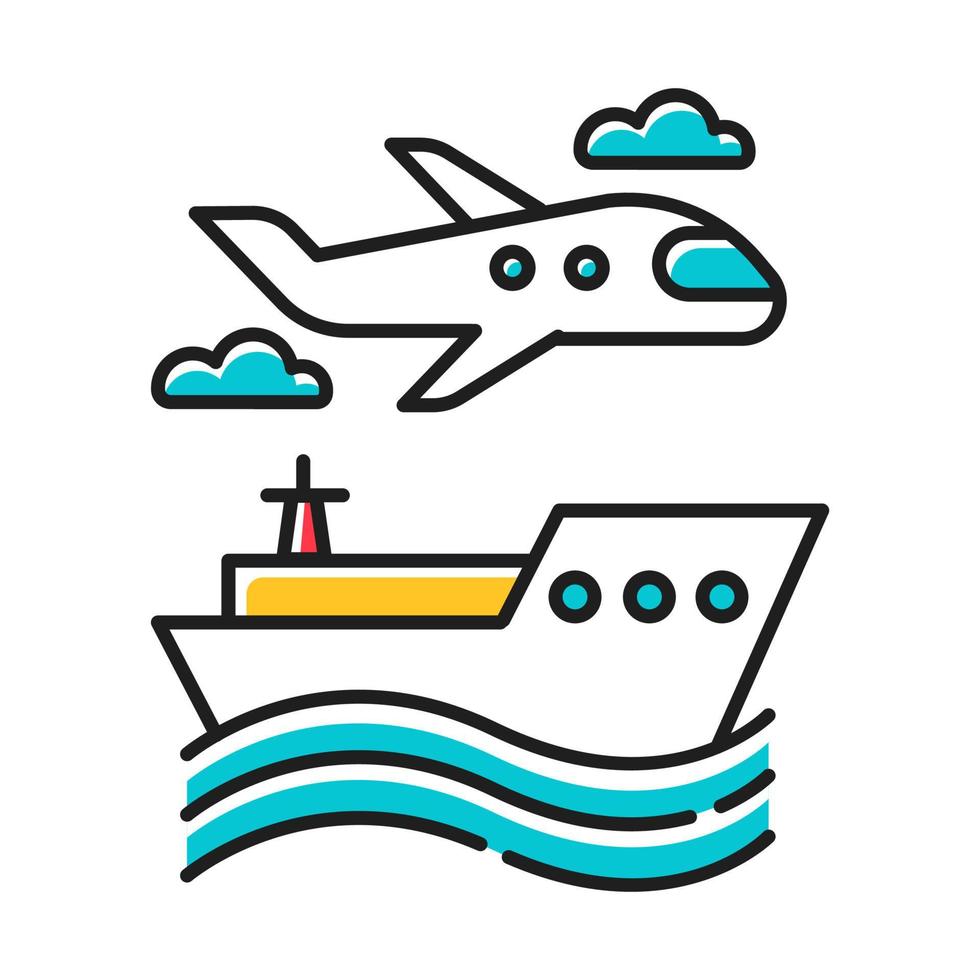 transport industrie kleur icoon. vliegtuig en schip. boot op golven. vliegtuig in de lucht. transport, verzending. reis, reis, reis. vakantie en toerisme bedrijf. cruise toer. geïsoleerde vectorillustratie vector