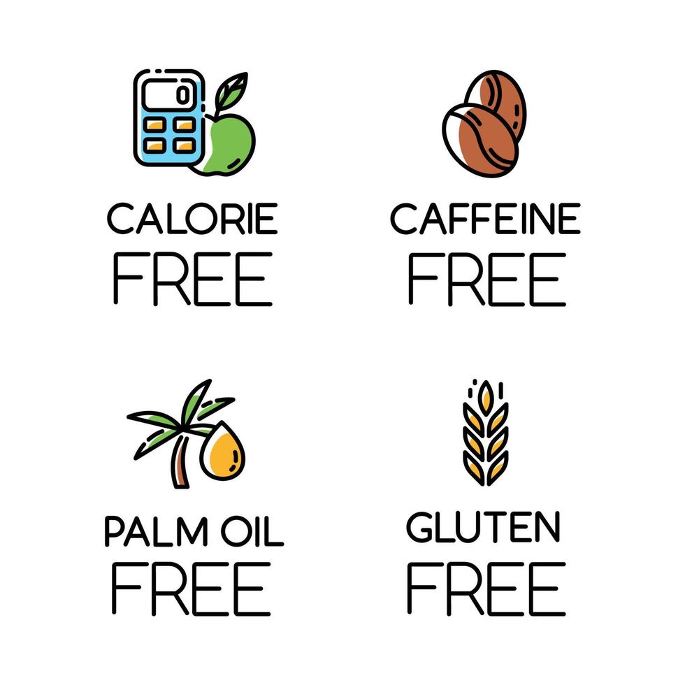 product gratis ingrediënt kleur iconen set. geen calorieën, cafeïne, palmolie, gluten. biologische gezonde voeding. caloriearme maaltijden. dieet zonder allergenen en zoetstoffen. geïsoleerde vectorillustraties vector