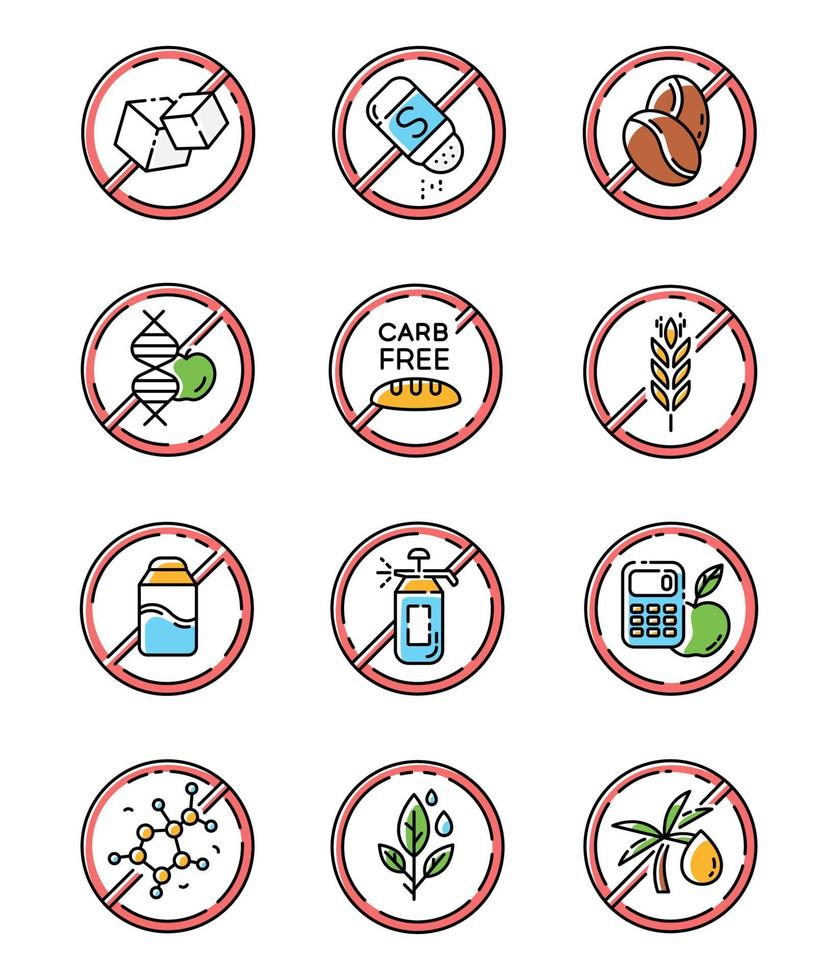 product gratis ingrediënt kleur iconen set. geen parabenen, pesticiden, lactose. biologisch voedsel, gezond eten. niet-chemische kruiden. dieet zonder allergenen en zoetstoffen. geïsoleerde vectorillustraties vector