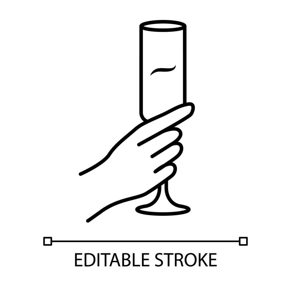 hand met wijnglas lineaire pictogram. champagne glas. glas alcoholische drank. wijn dienst. viering. dunne lijn illustratie. contour symbool. vector geïsoleerde overzichtstekening. bewerkbare streek