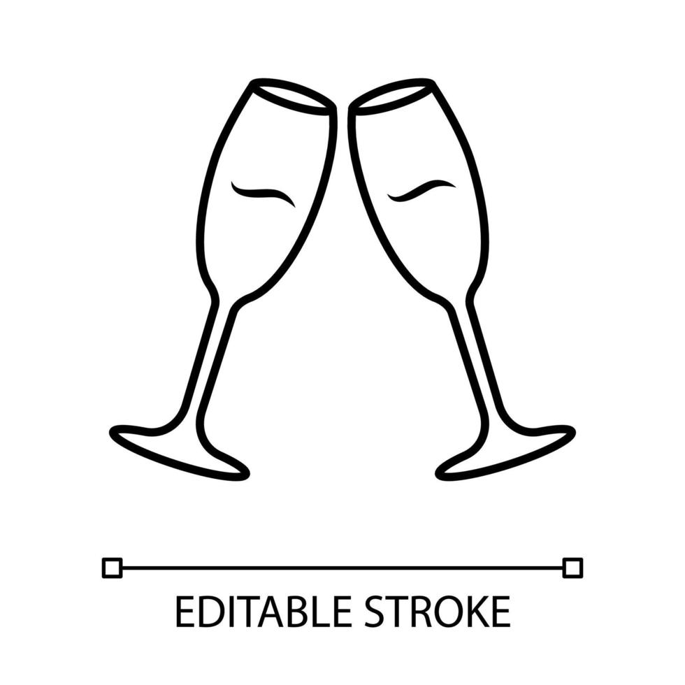 twee rammelende wijnglazen lineaire pictogram. champagne fluiten. glazen vol alcohol drinken. wijn dienst. viering. dunne lijn illustratie. contour symbool. vector geïsoleerde overzichtstekening. bewerkbare streek