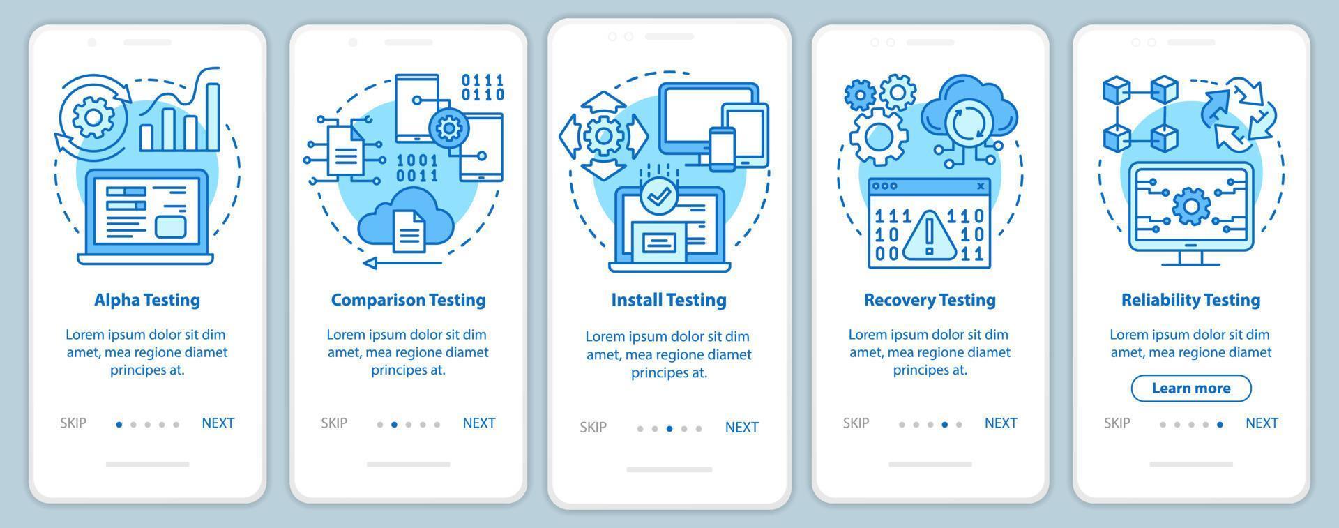 software prestatie testen blauwe onboarding mobiele app pagina scherm vector sjabloon. kwaliteitscontrole. walkthrough website stappen met lineaire illustraties. ux, ui, gui smartphone-interfaceconcept