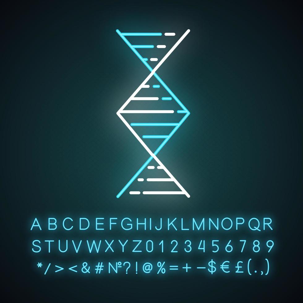 ruitvormig dna-helix neonlichtpictogram. deoxyribonucleïnezuur, nucleïnezuur. moleculaire biologie. genetische code. genetica. gloeiend bord met alfabet, cijfers en symbolen. vector geïsoleerde illustratie