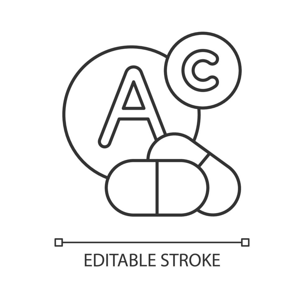 vitamine inname lineaire pictogram. voedingssupplement. multivitamine complex aanbod. voeding en gezondheidszorg. dunne lijn illustratie. contour symbool. vector geïsoleerde overzichtstekening. bewerkbare streek