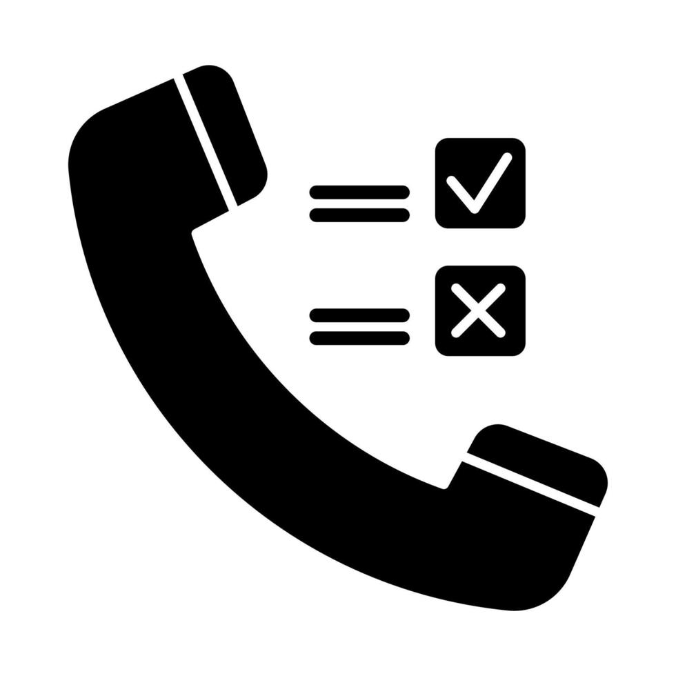 glyph-pictogram voor telefonische enquête. sociaal onderzoek. opiniepeiling. consument, klanttevredenheid. feedback. evaluatie. gegevens verzamelen. silhouet symbool. negatieve ruimte. vector geïsoleerde illustratie