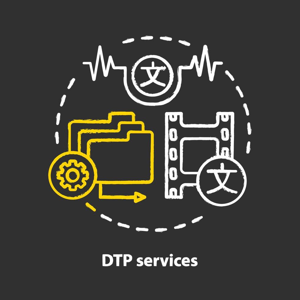 dtp diensten krijt concept icoon. idee voor desktop publishing-services. document maken en optimaliseren. kopieerbewerking, vertaling van inhoud en tekstopmaak. vector geïsoleerde schoolbordillustratie