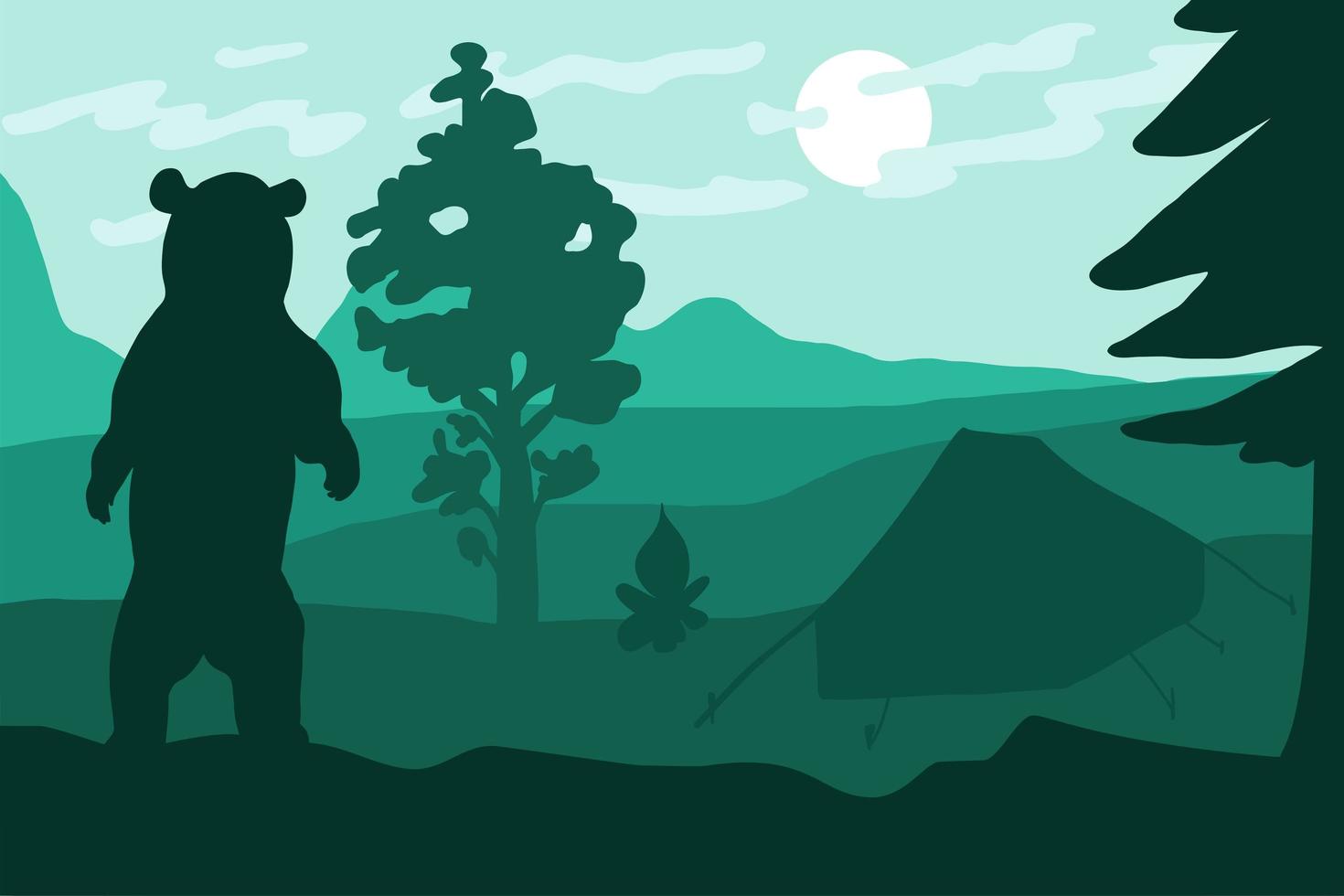 staande wilde beer op de camping in de buurt van bos en bergen vector