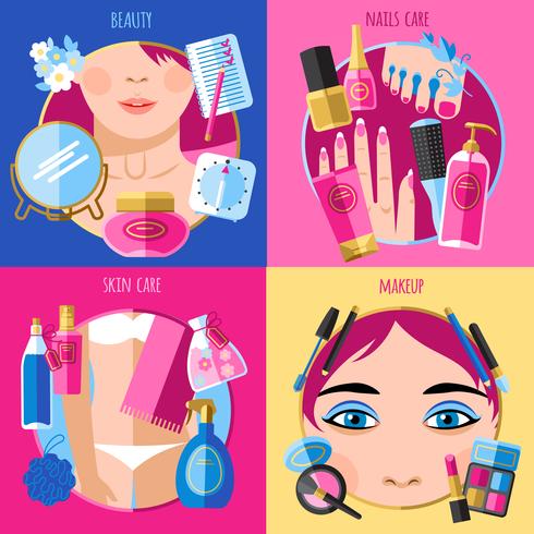 Make-up schoonheid 4 plat pictogrammen vierkant vector