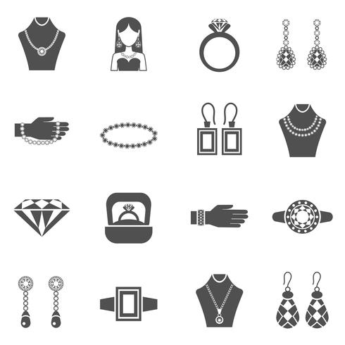 Sieraden zwart wit Icons Set vector