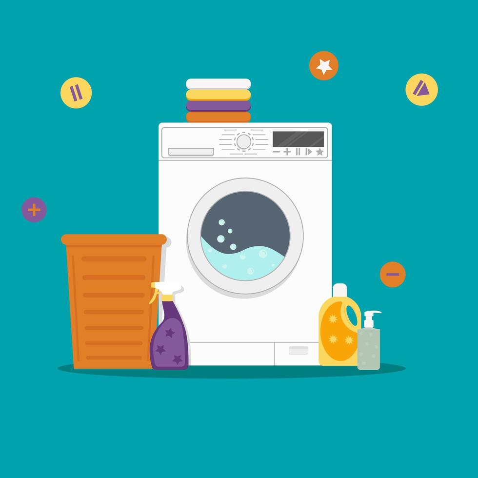 wasmachine met mand en wasmiddelen. platte vectorillustratie vector