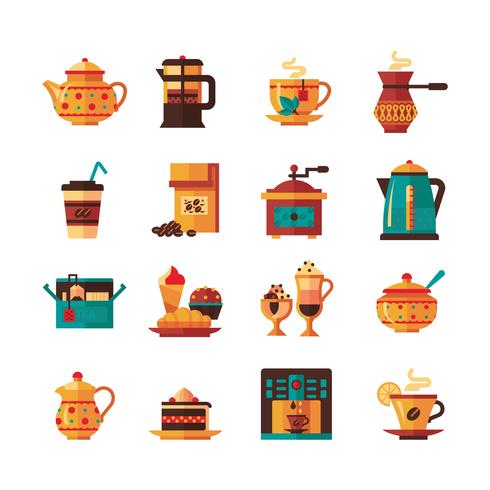 Coffe en theeset pictogrammen plat vector