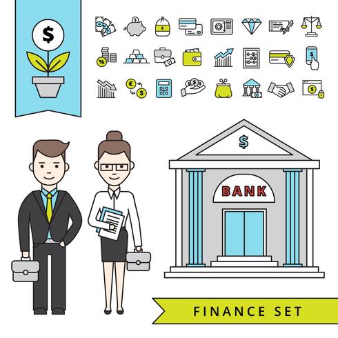 Flat Finance Concept met zakenman en bank vector