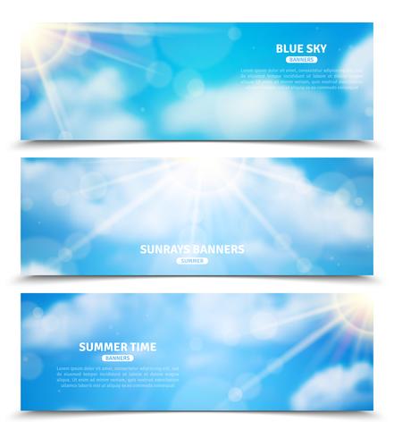 Zon door wolken hemel banners instellen vector