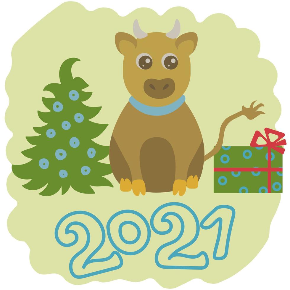 feestelijke winterkaart met schattige stier, dennenboom en cadeau, gelukkig nieuwjaar, bruin kalfsfeestbenodigdheden en belettering in vlakke stijl vector