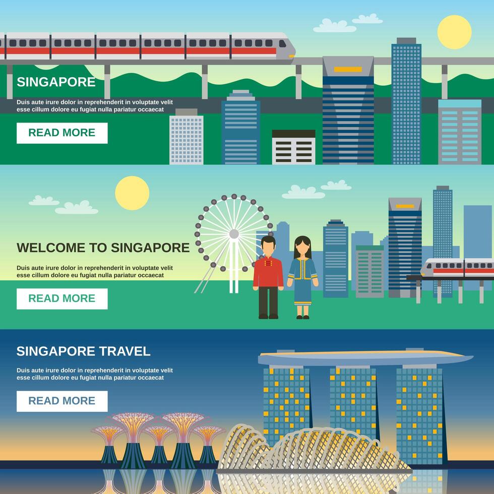 Singapore cultuur 3 platte Banners Set vector