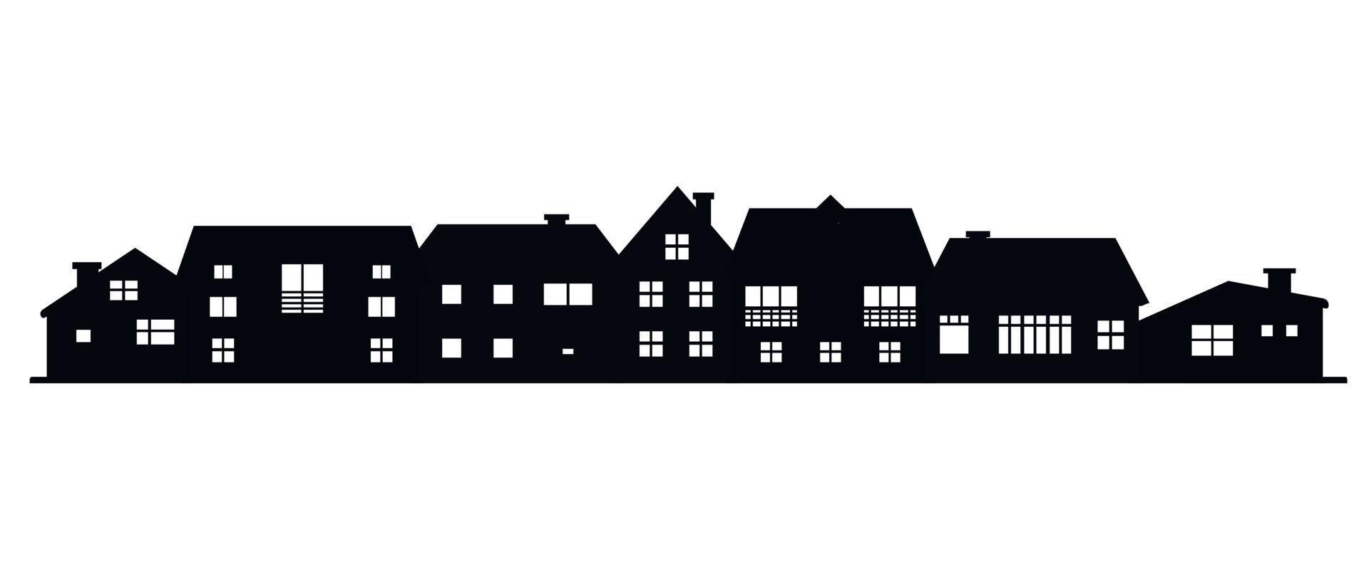 land skyline van silhouet op witte achtergrond. zwarte huizen silhouetten. gebouwen icoon voor mobiel concept en web app. woonhuis eigendom buitenaanzicht. vector
