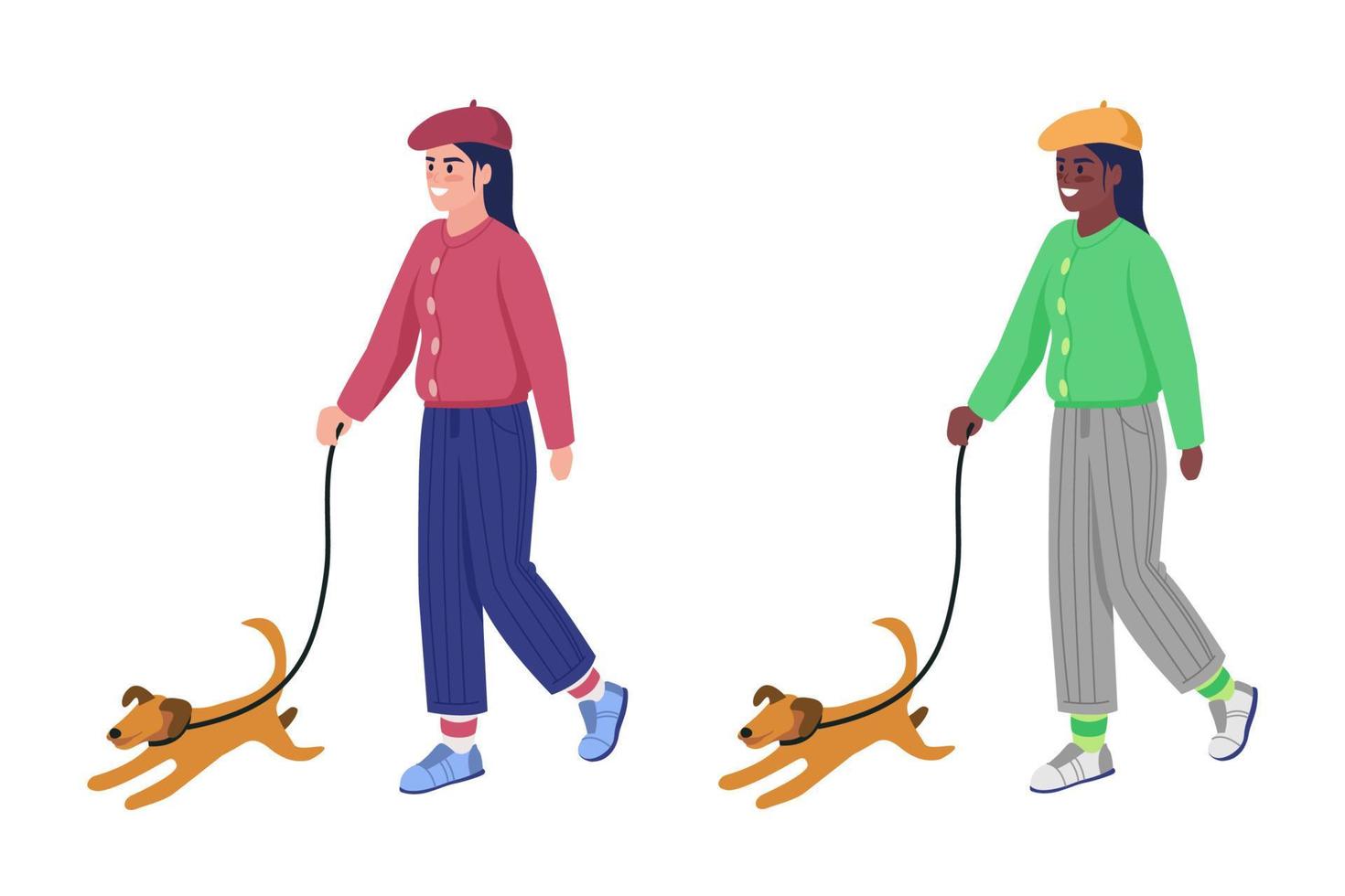 vrouw wandelen met hond semi-egale kleur vector tekenset