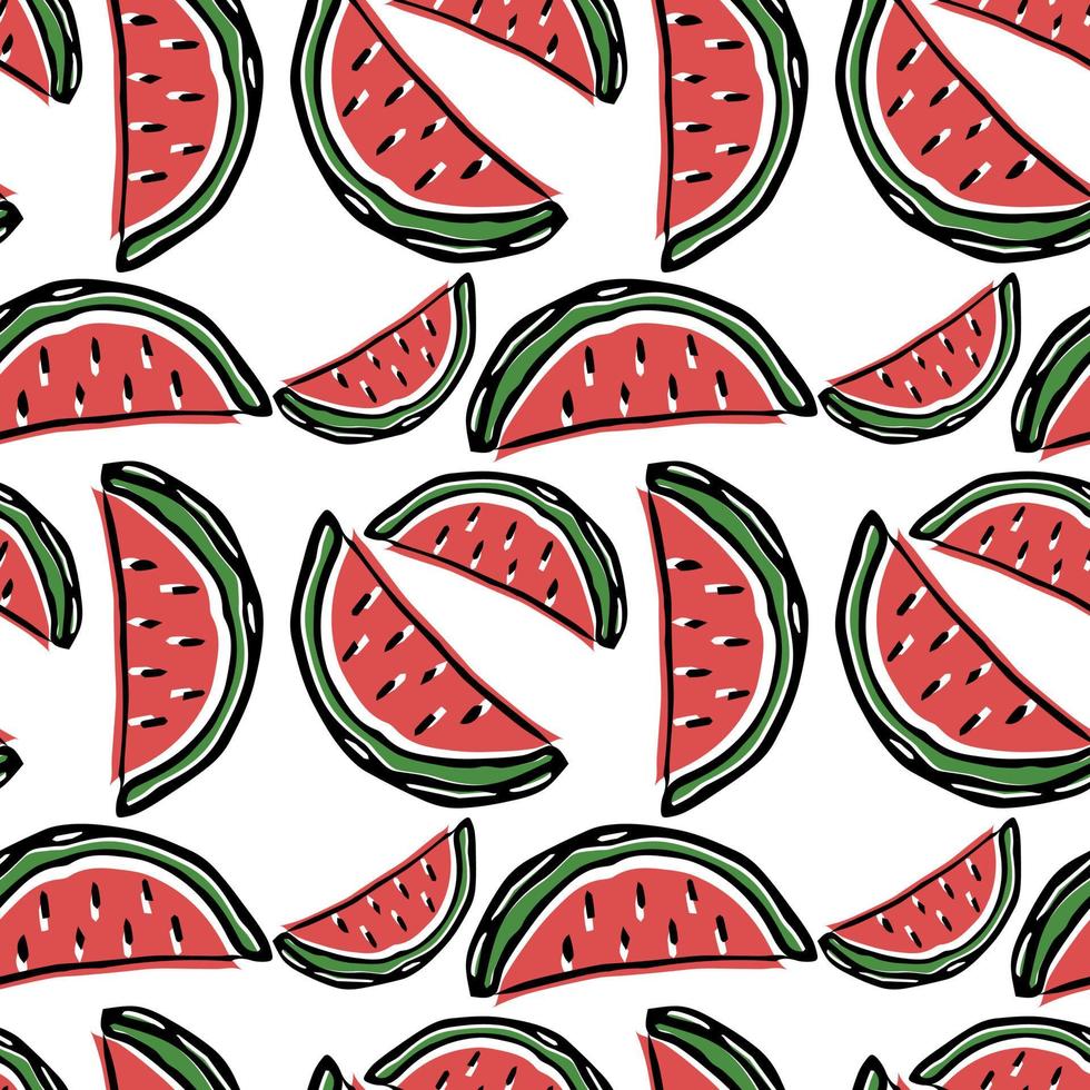 naadloze watermeloen vector patroon. gekleurde doodle vector met watermeloen pictogrammen geïsoleerd op een witte achtergrond. vintage watermeloenpatroon, zoete elementenachtergrond voor uw project