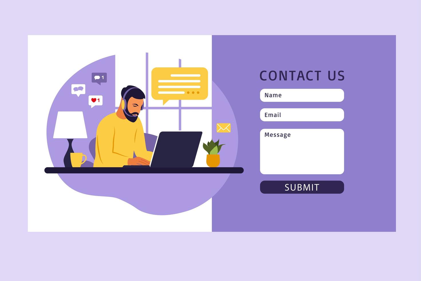 neem contact met ons op formuliersjabloon voor web. mannelijke klantenservicemedewerker met headset die met de klant praat. landingspagina. online klantenondersteuning. illustratie. vector. vector