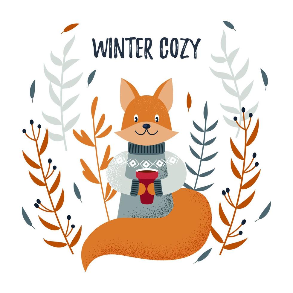 vector kerst winterkaart met een schattige vos en een gezellige slogan. kerst ontwerp. winters gezellig.