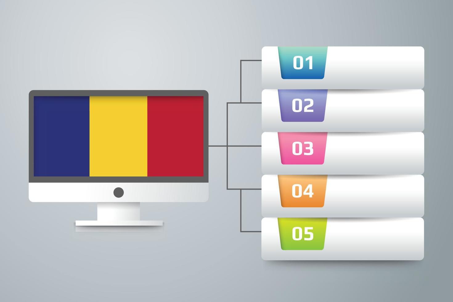 vlag van roemenië met infographic ontwerp opnemen met computermonitor vector