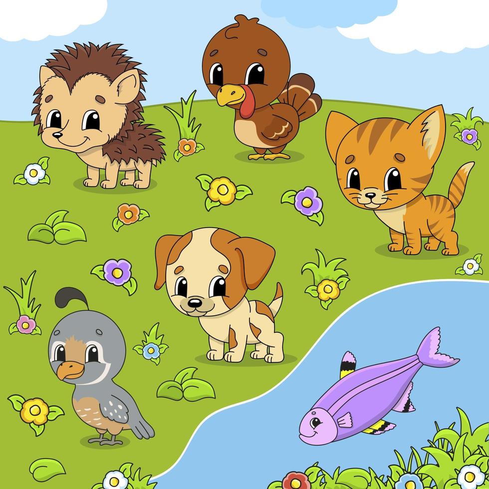 set dieren. schattige stripfiguren. huisdier clipart. hand getekend. kleurrijk pakket. vector illustratie. patch badges collectie. label ontwerpelementen. voor dagelijkse planner, dagboek, organisator.