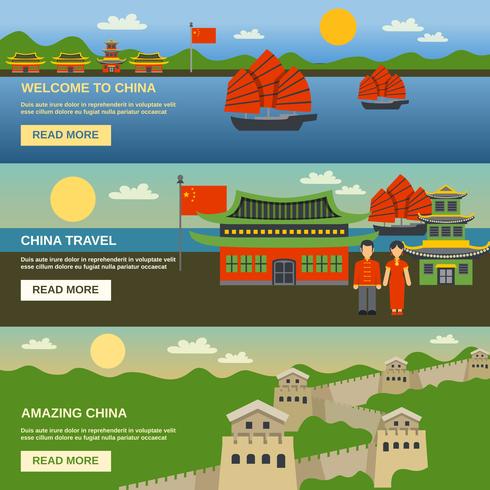 China Culture 3 Flat banners Set vector