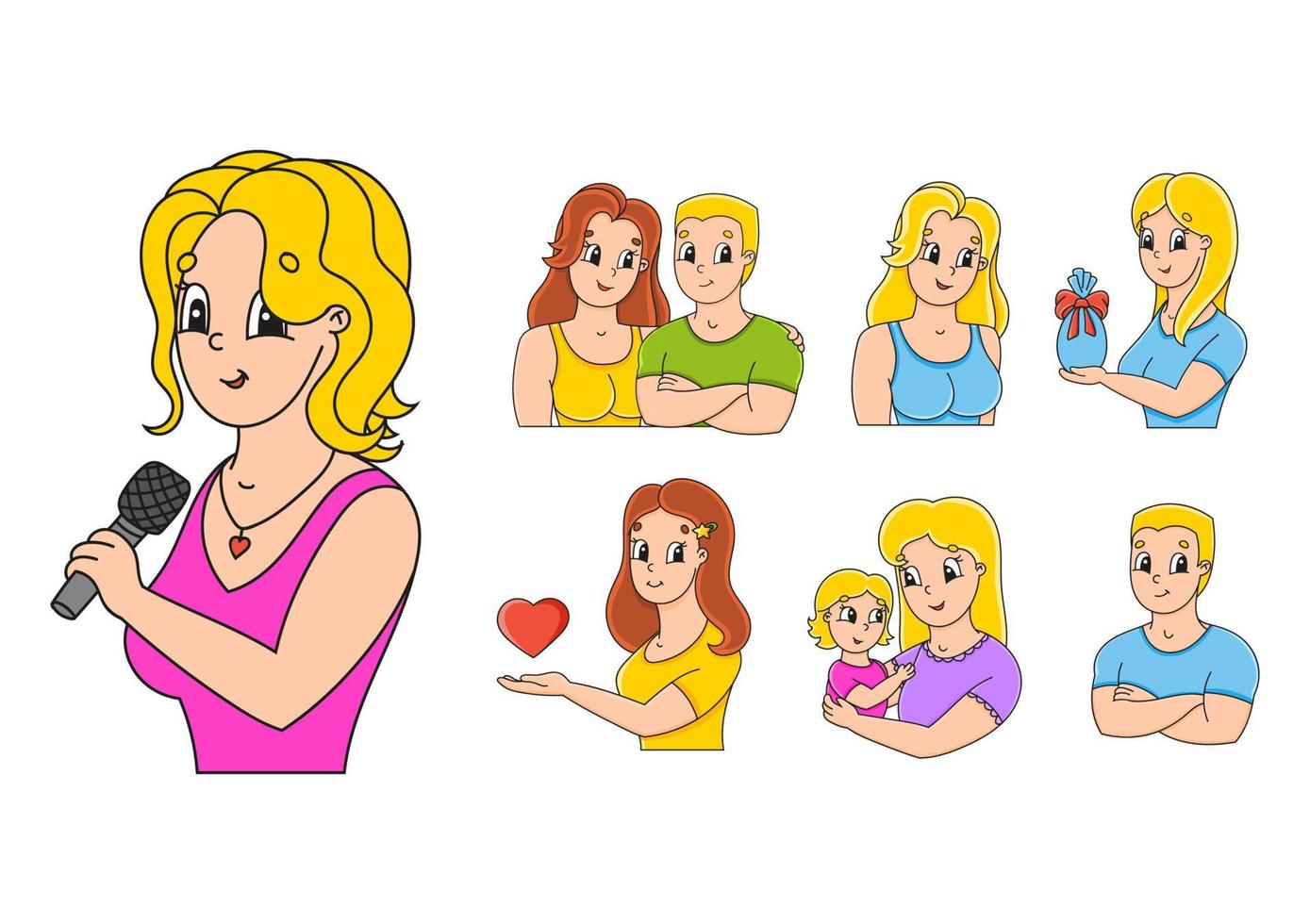 set felle kleurenstickers voor kinderen. leuke stripfiguren. vectorillustratie geïsoleerd op een witte achtergrond. vector