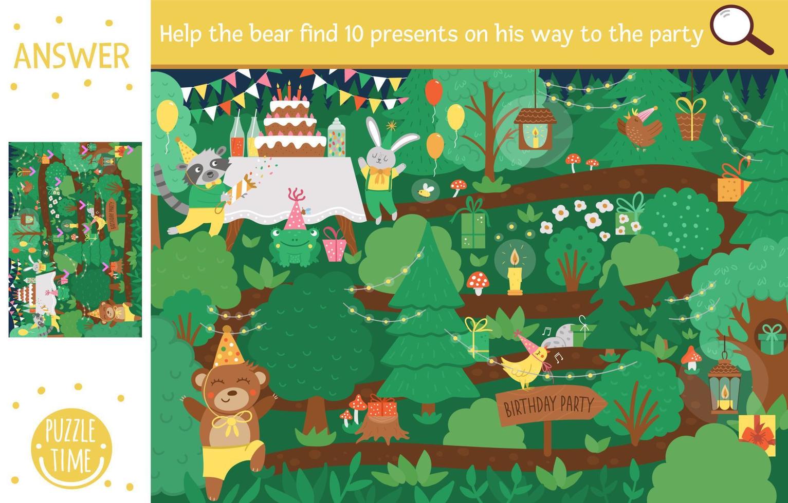 vector verjaardagsverrassingsfeest zoekspel met schattige bosdieren. vind verborgen cadeautjes in het bos. eenvoudige leuke educatieve vakantie-afdrukbare activiteit voor kinderen met cake en kaarsen