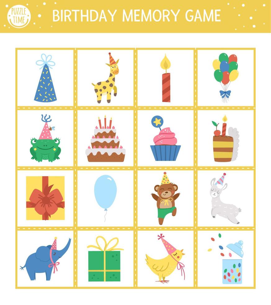 vector verjaardag memory game kaarten met traditionele vakantie symbolen
